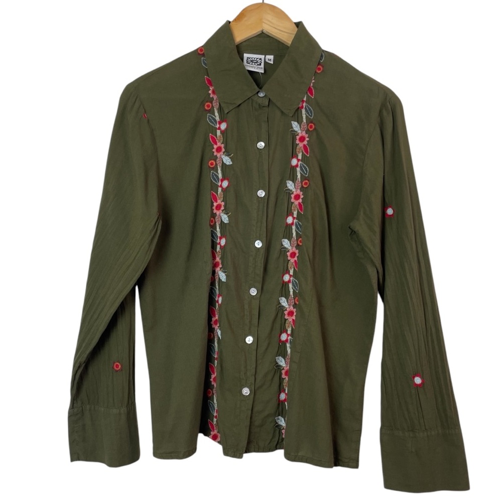 Johnny Was Army Green Embroidered Button Front Long Sleeve Cotton Shirt Medium